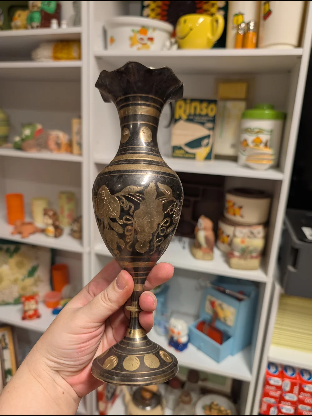 Brass Floral Etched Pedestal Vase - Mixed Metal Vintage